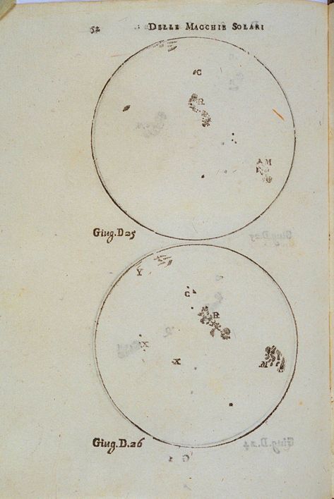 Galileo's drawings of the sunspots (from the Istoria e Dimostrazioni, Florence 1613) Galileo Drawings, Cosmic Microwave Background, Supernova Explosion, Sun Drawing, Earth Atmosphere, Drawing Journal, Hotel Project, Biblical Art, Pure Beauty