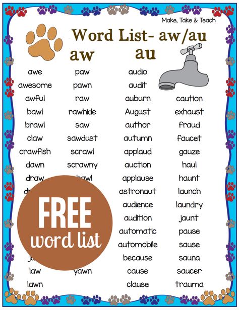 Be sure to stop on by the blog and download this free aw au diphthongs poster. A aw au word list is also included! These games and activities are perfect for teaching students to learn and read words containing the aw au diphthongs! Aw And Au Worksheets Free, Au Aw Anchor Chart, Diphthongs Anchor Chart, Phonic Charts, Aw Words, Sounds Worksheet, Vowel Diphthongs, Phonic Games, Tutoring Ideas