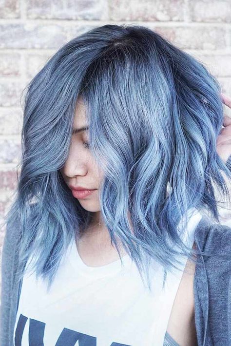 Romantic Bangs, Wedding Makeup Romantic, Denim Hair, Light Blue Hair, Hair Color For Women, Short Hair Color, Hair Color Blue, Hair Color Balayage, Blonde Ombre