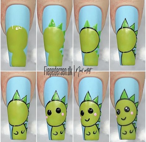 Dinosaur Nails Designs Easy, Dino Nails Art, Printable Nail Art Practice Sheet, Printable Nail Art, Cartoon Nail Art, Cartoon Nails, Nail Art Designs Images, Art Deco Nails, Diy Acrylic Nails