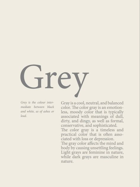 Grey Aesthetic, Colors And Emotions, Motiverende Quotes, Color Quotes, Color Meanings, Gray Aesthetic, Color Psychology, Aesthetic Words, Aesthetic Colors