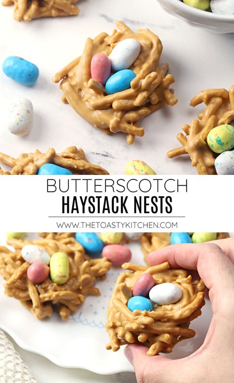 Butterscotch haystack nests recipe - by The Toasty Kitchen #haystacks #butterscotch #candy #easter #haystacknests #birdsnest #robinsegg #candyrecipe #homemade #recipe Haystack Recipe, Bird Nest Cookies, Birds Nests Recipe, Butterscotch Haystacks, Birds Nest Cookies, Haystacks Recipe, Easter Nests, Spring Treats, Chocolate Oatmeal Cookies