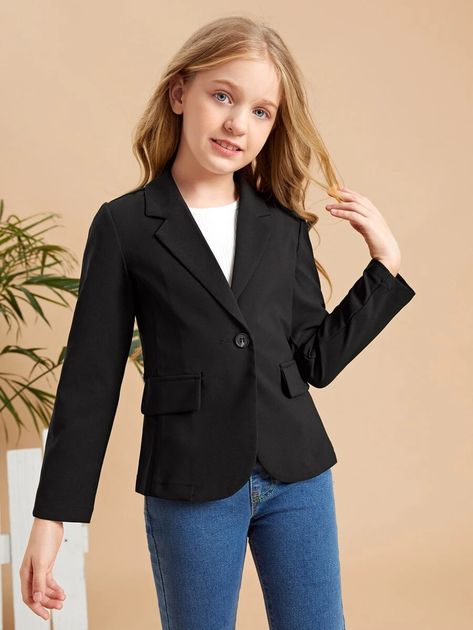 SHEIN BASICS Girls Flap Detail Single Button Coat | SHEIN USA Smart Casual Blazer, Shein Basics, Girls Coats, Blazer Outfits Casual, Girl Coat, Blazer Outfits, Girls Jeans, Black Blazers, Smart Casual