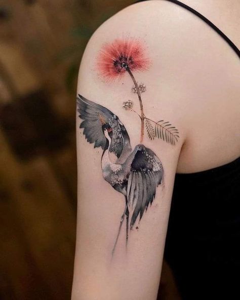 Japanese Crane Tattoo, Heron Tattoo, Japanese Tattoo Women, Classy Tattoos For Women, Origami Tattoo, Crane Tattoo, Watercolor Tattoo Flower, Japanese Crane, Lace Tattoo