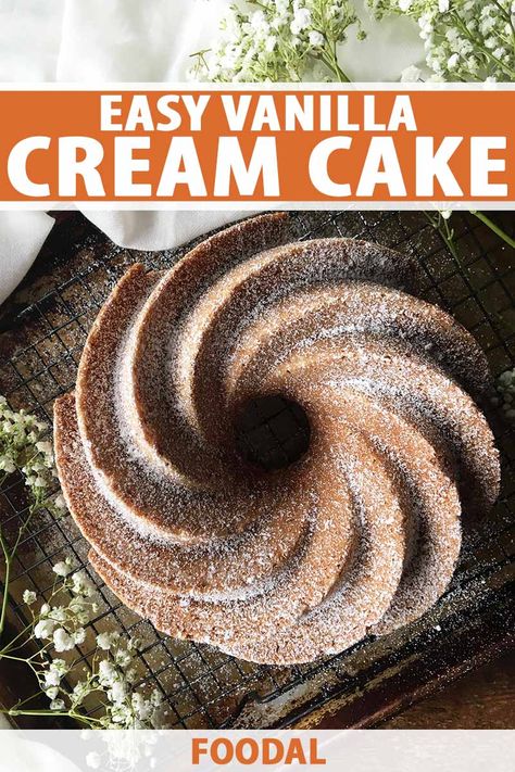 Have some extra heavy cream in the fridge that you're desperate to use? Make a simple and elegant cream cake dessert. The thick, velvety batter transforms into a beautiful white cake with a light and airy texture. Dust with powdered sugar for an effortless final touch. Read more now. #creamcake #dessert #foodal Vanilla Bundt Cake Recipes, Vanilla Bundt Cake, Bunt Cake Recipe, Easy Bundt Cake Recipes, Cake Classic, Easy Bundt Cake, Bundt Cake Recipe, Cake Chocolat, Salty Cake