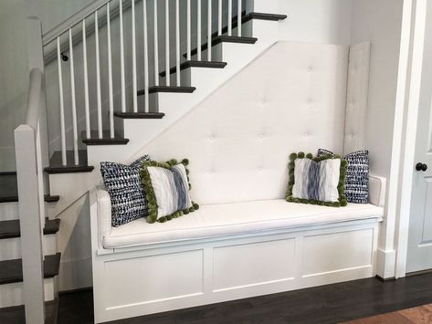 How about a little weekend project inspiration? This stairway bench is all custom from our amazing workroom! The seat and back cushions were crafted from Crypton Fabric and the adorable pillows were custom-made for the space as well. See more on our design blog. #stairwaybench #customfabrics #inspiration #interiordesign Stairway Bench, Bench With Cushion, Storage Bench With Cushion, Crypton Fabric, Project Inspiration, The Space, Home Living Room, Home Interior Design, Storage Bench