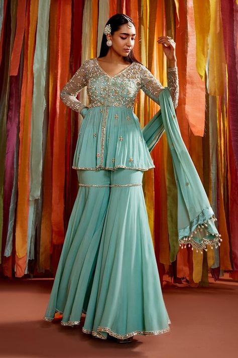 Buy Twinkle Hanspal Blue Chanderi One Shoulder Kaftan And Pant Set Online | Aza Fashions Sade Dresses, Top Sharara Set, Peplum Sharara, Bridal Suits, Mehendi Outfit, Sharara Designs, Indian Bridesmaids, Suits Punjabi, Sharara Gharara