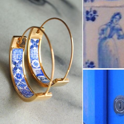 Portuguese Azulejos, Gold Bad, Portuguese Tiles, Buried Treasure, Blue Tiles, Hoops Earrings, Gold Wash, Hand Shapes, Sachets