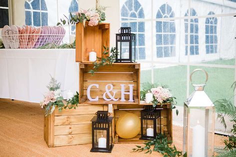 Add candles, lanterns and an assortment of wood crates to make a statement for your guests on entering the wedding venue. for more creativity ideas follow the link. Crate Wedding Decorations, Crates And Lanterns Wedding, Wooden Crates Wedding Food Displays, Wedding Crate Ideas, Apple Crates Wedding Decor, Apple Crates Wedding, Apple Crate Wedding Decor, Wood Crate Wedding Decor, Crates Wedding Decor