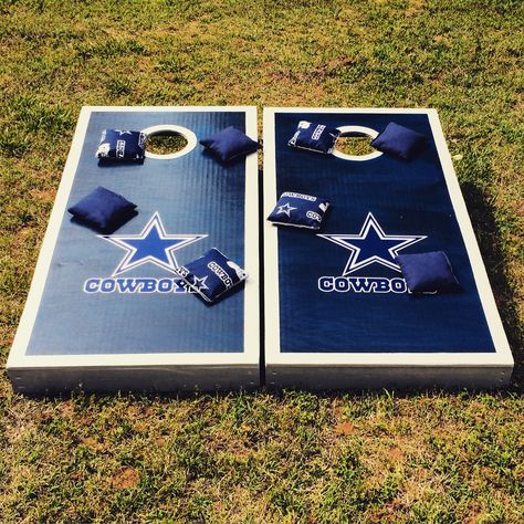 Dallas Cowboys cornhole boards Dallas Cowboys Cornhole Boards, Cowboys Cornhole Boards, Corn Hole Boards Designs, Dallas Cowboys Crafts, Soccer Theme Parties, Diy Cornhole Boards, Bean Bag Games, Cornhole Boards Designs, Dallas Cowboys Decor