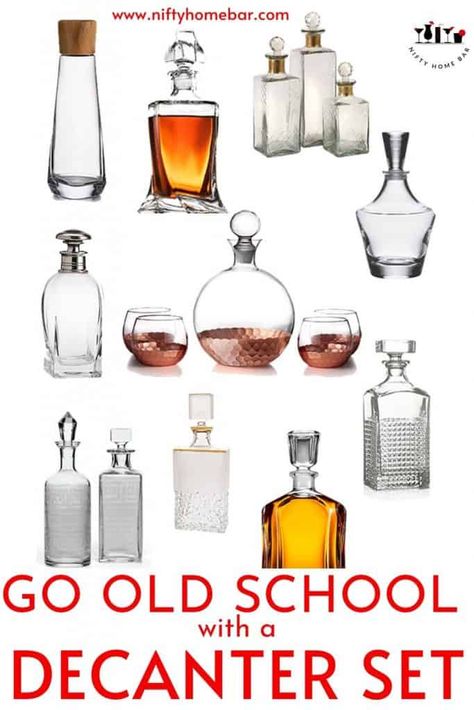 Photo collage of your next decanter set. Decanters Display Ideas, Liquor Decanter Display, Decanter Display Bar, Whiskey Decanter Display, Decanter Display, Tiny Cabin Plans, Bourbon Decanter, Large Glass Bottle, Liquor Decanter