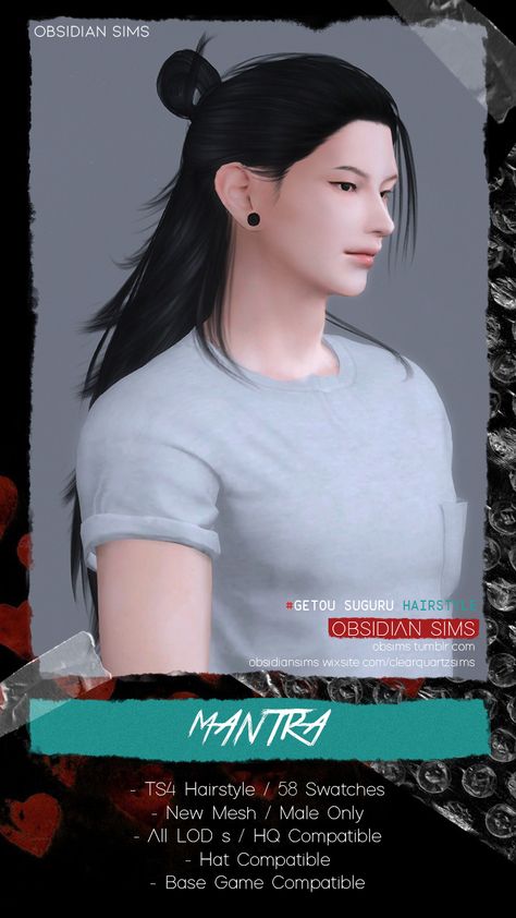 ✥MANTRA HAIR ✥  TS4 Hairstyle┊58 Swatches Male... - 「 OBSIDIAN 」 Sims 4 Cc Male Long Hair Ponytail, Ts4 Long Male Hair, Getou Suguru Sims 4, Sims 4 Cc Patreon Hair Male Long, Sims 4 Getou Hair, Men Cc Hair Sims 4, Ts4 Anime Hair, Simmandy Hair Sims 4, Gojo Hair Sims 4 Cc