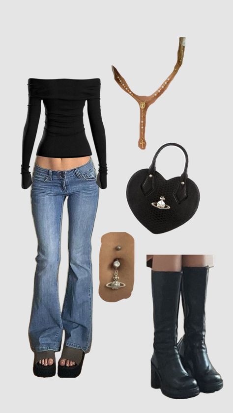 #viviennewestwood #top #jeans #purse #black #gold #blue #silver #blackandsilver #heels #peircings #necklace #purse #boots #bootheels #shuffle #Thatgir1lizzie Fall Outfits Latina, New Era Outfit, Outfits Latina, Jeans Purse, Top Jeans, Outfit Inspo Casual, Tomboy Style Outfits, Fashion Aesthetics, Streetwear Fashion Women