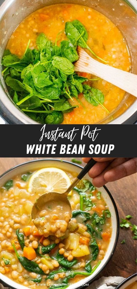 Make easy white bean soup recipe in the Instant Pot in under 30 minutes #vegetarian #easy #healthy #vegan #whitebean #soup #instantpot Insta Pot Bean Soup, Bean Soup Pressure Cooker, Instant Pot Bean Soup, Instant Pot White Bean Soup, Soup Pressure Cooker, Mediterranean Soup, White Bean Recipes, White Bean Soup Recipes, Instant Pot Pasta Recipe