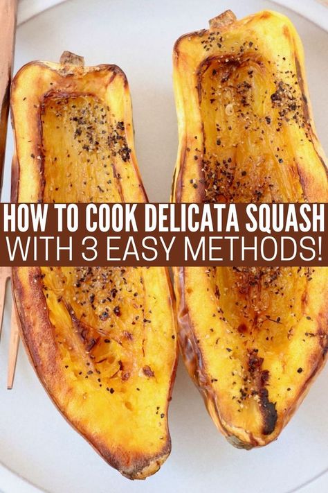 cooked delicata squash cut in half on plate with fork Easy Delicata Squash Recipe, Cooked Squash, Squash In Oven, Delicata Squash Recipe, How To Cook Squash, Delicata Squash, Winter Squash, 30 Minute Meals, Veggie Dishes