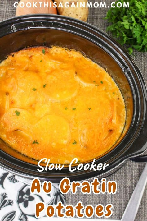 Warm, creamy, and cheesy! These Slow Cooker Au Gratin Potatoes are a simple yet satisfying side dish perfect for holidays or weeknight dinners. With tender layers of potatoes and a rich cheese sauce, this crockpot recipe is pure comfort food. Crock Pot Au Gratin Potatoes Crockpot, Potato Au Gratin Crock Pot, Crock Pot Potatoes Au Gratin, Crockpot Augratin Potatoes Crock Pot, Crock Pot Au Gratin Potatoes, Crockpot Augratin Potatoes, Crockpot Side Dish Recipes, Augratin Potatoes Crockpot Slow Cooker, Crockpot Au Gratin Potatoes