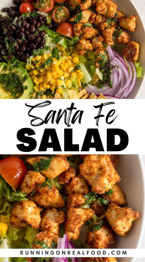 This healthy Santa Fe Salad Bowl features crispy tofu, plenty of fresh vegetables and a zesty cilantro lime dressing. Don’t forget crunchy tortilla chips for topping! Santa Fe Salad Recipe, Warm Vegetable Salad, Santa Fe Salad, Cilantro Lime Vinaigrette, Green Snacks, Tofu Salad, Tomato Avocado, Healthy Vegan Breakfast, Cilantro Lime Dressing