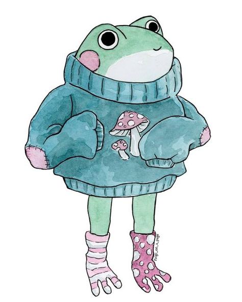 Cute Frogs Drawing, Frogs Drawing, October Illustration, Mushroom Sweater, Frog Frog, Frog Drawing, Autumn Illustration, Funny Frogs, Frog Art