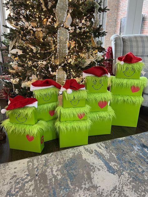 Grinch Decorating Ideas Outside, The Grinch Themed Christmas, Grinch Valentine Box Ideas, Grinch Christmas Fireplace, Grinch Christmas Presents, Grinch Boxes Stackable Diy, Diy Grinch Stocking, Grinch Presents Tower, Grinch Themed Christmas Party Decorations