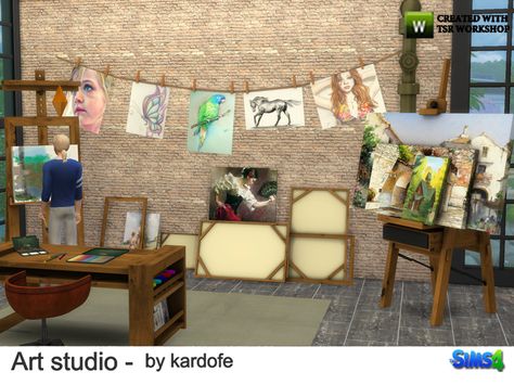 Sims 4 Art Studio, Art Studio Furniture, Sims 4 Art, Bookcase Dresser, Sims 4 Ps4, Sims 4 Cc Kids Clothing, Sims 4 Clutter, Artistic Painting, Dresser Desk