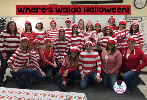 Fun and Easy Halloween Costume Ideas for Your Whole Staff | Forever in Fifth Grade Teacher Halloween Costume Ideas, Teacher Halloween Costumes Group, Vsco Girl Halloween Costume, Where's Waldo Costume, 40 Book Challenge, Waldo Costume, Easy Halloween Costume Ideas, Teacher Halloween Costumes, Holiday Homework