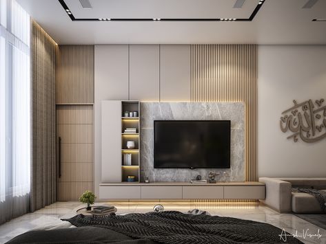 MASTER BEDROOM on Behance Tv Unit Design 2023, Tv Wall Design Ideas, Tv Wall Units, Lcd Wall, Living Room Decor Tips, Wall Design Ideas, Wall Unit Designs, Tv Stand Designs, Tv Cabinet Design