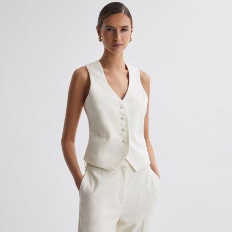 Women's Suitsandtailoring | Reiss USA Menswear For Women, White Waistcoat, Waistcoat Woman, Wool Waistcoat, Suits Wedding, Women Suits, Floppy Sun Hats, White Tuxedo, Suit Waistcoat