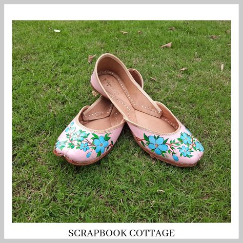 Hand Painted Punjabi Jutti, Hand Painted Punjabi, Diy Footwear, Sky Blue Flowers, Shoe Makeover, Gold Necklace Indian, Punjabi Jutti, Gold Necklace Indian Bridal Jewelry, Necklace Indian