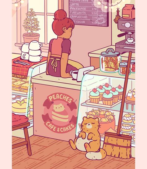 Cute Lofi Art, Cute Cafe Drawing, Arte Do Kawaii, Cafe Art, Arte Sketchbook, Cake Shop, Pastel Art, Cute Art Styles, Kawaii Art