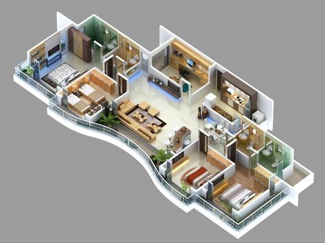 After having covered 50 floor plans each of studios, 1 bedroom, 2 bedroom and 3 bedroom apartments, we move on to bigger options. A four bedroom apartment or ho Home Map Design, Four Bedroom House Plans, 4 Bedroom House Designs, 3d House Plans, Three Bedroom House, 4 Bedroom House Plans, Design Your Own Home, Apartment Floor Plans, House Layout Plans