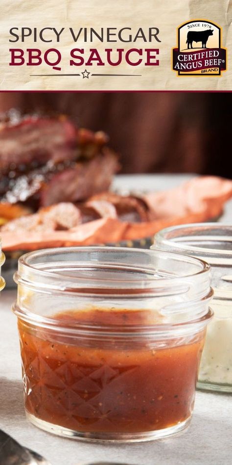 Sweet and tangy with a kick, Spicy Vinegar Barbecue Sauce is great for smoked beef. Make this easy BBQ sauce recipe with brown sugar, apple cider vinegar, and chipotle for your next cookout. #certifiedangusbeef #bestangusbeef #beefrecipe #barbecue #bbq #barbecuerecipe #barbecuesauce #saucerecipe #bbqsauce Vinegar Based Bbq Sauce, Spicy Vinegar, Vinegar Bbq Sauce, Steak Marinades, Easy Bbq Sauce, Homemade Bbq Sauce Recipe, Best Beef Recipes, Beef Dinners, Brown Sugar Recipes