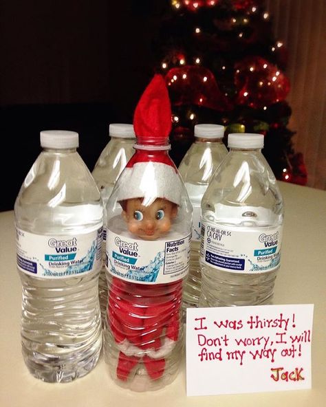 Day 11: Jack got stuck in a bottle of water! #elfontheshelf #elfontheshelfideas #jacktheelfadventures #elfontheshelf2014 Bad Elf, A Bottle Of Water, Awesome Elf On The Shelf Ideas, Elf Magic, Bottle Of Water, Elf Activities, The Elf On The Shelf, The Creeper, Xmas Elf