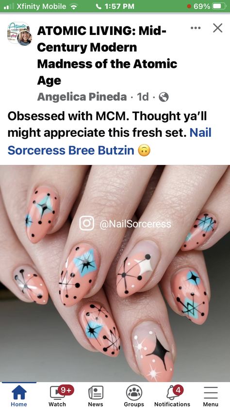 Mcm Nail Art, Mcm Nails Design, Mid Century Nail Art, Mid Century Modern Nail Art, 1950s Nails Ideas, 50s Nails Vintage, Mid Century Nails, Pyrex Nails, Atomic Nails