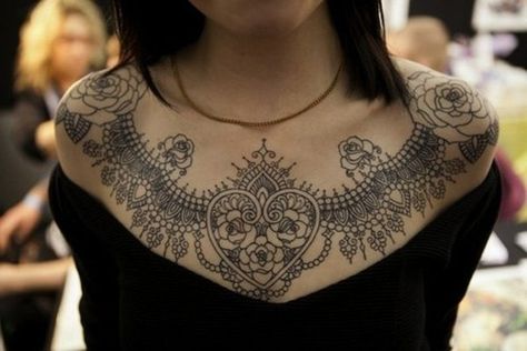 Lace Tattoo on Chest - 45+ Lace Tattoos for Women | Art and Design Collar Tattoo, Locket Tattoos, Lace Tattoo Design, Necklace Tattoo, Muster Tattoos, Cool Chest Tattoos, Chest Tattoos For Women, Chest Piece Tattoos, Lace Tattoo