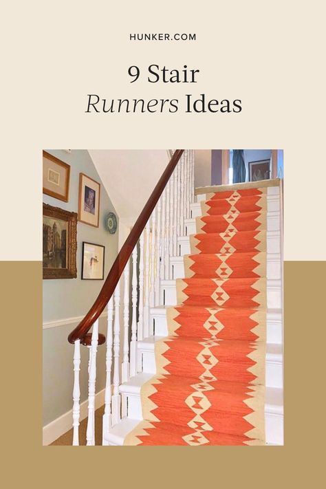 Stair runners can elevate a more subdued space (or even ground a louder one) while adding texture and softness underfoot. Here are nine ways to incorporate a vertical statement rug. #hunkerhome #stairrunner #stairway #stairrunnerideas #stairs Sinclair Till Stair Runner, Hallway Stairs Wallpaper, Aztec Stair Runner, Persian Rug Stair Runner, Missoni Stair Runner, Narrow Stair Runner, Bold Stair Runner, Statement Stair Runner, Floral Stair Runner