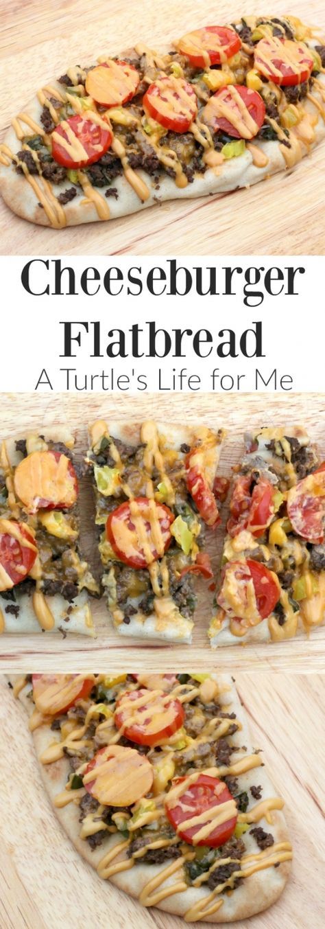 Cheeseburger Flatbread recipe with special drizzle Cheeseburger Flatbread, Flatbread Pizza Recipes, Naan Pizza, Flatbread Recipe, Flatbread Recipes, Flatbread Pizza, Dinner Entrees, Entree Recipes, Flatbread