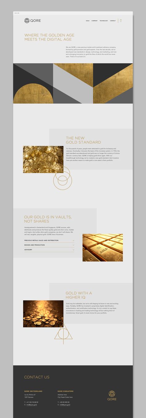 TRÜF designed the brand identity, stationery, website and all accompanying collateral for QORE, a Swiss-based investment advisory specializing in gold. Inspired by modernism and ever-changing geometry, the brand identity presents itself as guild-like, creative and invites the viewer to always discover new perspectives. Gold Website, Luxury Website, Collateral Design, Design Technology, Brand Color Palette, Business Cards Creative, Website Inspiration, Website Design Inspiration, Gold Branding