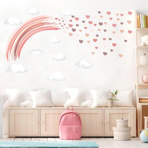 Girl Bedroom Wall Ideas, Sisters Shared Room, Watercolor Rainbow Wall, Girls Boho Bedroom, Majestic Landscape, Girls Bedroom Makeover, Heart Wall Decal, Rainbow Wall Decal, Girls Room Wall Decor