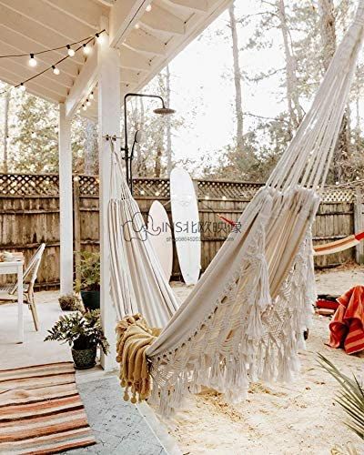 Terrace Hammock Ideas, Boho Hammock Outdoor, Indoor Hammock Ideas, Hammock Porch, Porch Hammock, Boho Hammock, Hammock Chairs, Patio Hammock, Macrame Hammock