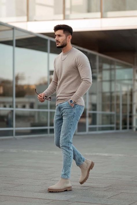 Chelsea boots outfit ideas for men Beige Shoes Outfit, Chelsea Boots With Jeans, Trendy Mens Jeans, Chelsea Boots Outfits, Beige Boots Outfit, Chelsea Boot Outfit, Beige Chelsea Boots, Chelsea Boots Men Outfit, Chelsea Boots Outfit