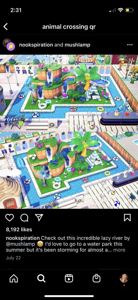 Lazy River Animal Crossing, Building Codes Acnh, Pool Area Acnh, Acnh Lazy River Code, Acnh Water Park, Acnh Pool Ideas, Animal Crossing Lazy River, Animal Crossing Barbie Island, Pool Acnh Code