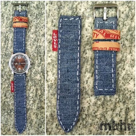 Instructible for Sew-It-Yourself fabric watch strap - here in Denim with jeans parts. This one is hand-sewn, but an edge-stitch foot on a sewing machine would make it even easier. I'm thinking batik cotton, or maybe raw silk! Upcycled Watches Diy Projects, Watch Diy Ideas, Diy Watch Band How To Make, Watch Bands Diy, Diy Watch Strap, Diy Watch Band, Free Jewelry Making Projects, Jean Diy, Diy Watch