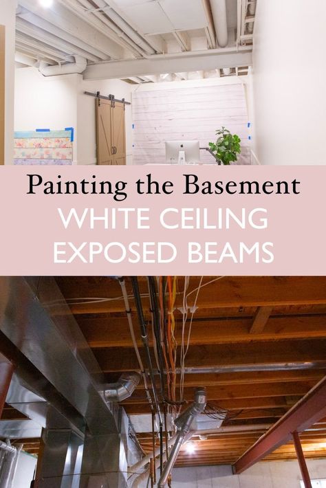 Exposed Basement Ceiling Painted White, Finished Basement No Ceiling, Painted Basement Ceiling Exposed Beams, Painting Basement Walls, Painted Basement Ceiling, Drop Ceiling Basement, Unfinished Basement Ceiling, Cheap Basement Ideas, Downstairs Kitchen