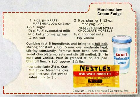 Classic marshmallow cream fudge recipe (1963) - Click Americana Marshmallow Cream Fudge, Cream Fudge Recipe, Fudge With Marshmallow Cream, Original Fantasy Fudge Recipe, Fantasy Fudge Recipe, Marshmallow Fudge Recipe, Fantasy Fudge, Marshmallow Fudge, Old Fashioned Fudge