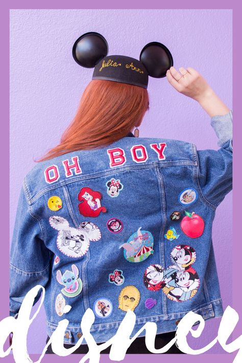 Looking for the perfect outfit for Disney World? Make a cheap Disney jacket featuring these DIY Mickey Mouse patches before your next Disney vacation. It gets chilly at night in Orlando, so a denim jacket is the perfect Walt Disney World accessory. Pair it with your mouse ears for some serious Disney style! #diy #disney #disneyvacation Diy Disney Denim Jacket, Outfit For Disney World, Diy Disney Patch Jean Jacket, Homemade Patches, Disney Blue Jean Jacket, Disney Denim Jacket, Disney Denim, Denim Disney Jacket, Disney Denim Jacket Kids