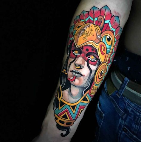 Neo Traditional Tattoo by Johnny Domus Mesquita Neo Traditional Aztec Tattoo, Traditional Color Tattoo, Aztec Tattoos, Neo Tattoo, Mexican Tattoo, The Wrecking Crew, Aztec Tattoo Designs, Traditional Tattoo Sleeve, Aztec Tattoo