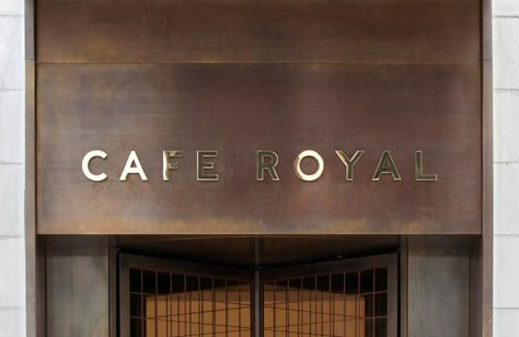 Brass Signage, Luxury Signage, Exterior Signage Design, Trail Signage, Facade Inspiration, Interior Wayfinding, Lobby Cafe, Interior Signage, Cafe Royal