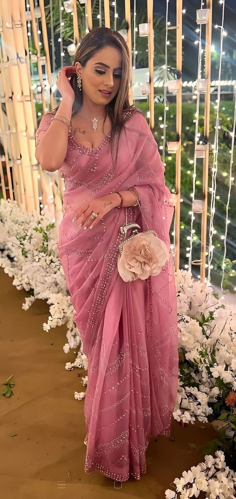 Rose Pink Saree, Saree Outfit, Farewell Sarees, Women Faces, Net Saree, Stylish Dress Book, Saree Dress, Pink Saree, Beautiful Embroidery