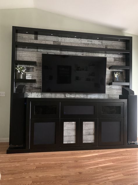 Tower Speakers Living Room, Tv Speakers Living Room, Entertainment Center With Speakers, Gaming Entertainment Center, Tv Shelves, Floor Speakers, Wall Entertainment Center, Theater Decor, Theater Rooms