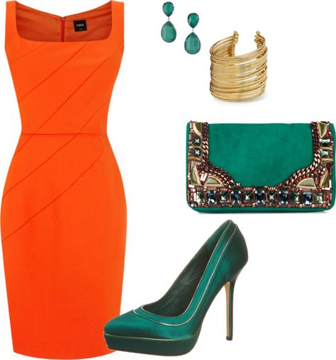 Orange dress, teal accesories Green Dress With Orange Accessories, Accessories For Orange Dress, Teal Jacket Orange Dress, Orange Business Dress, Orange Dress Accessories, Casual Orange Tie-waist Dress, Chic Orange V-neck Midi Dress, Teal Accessories, Teal Outfits